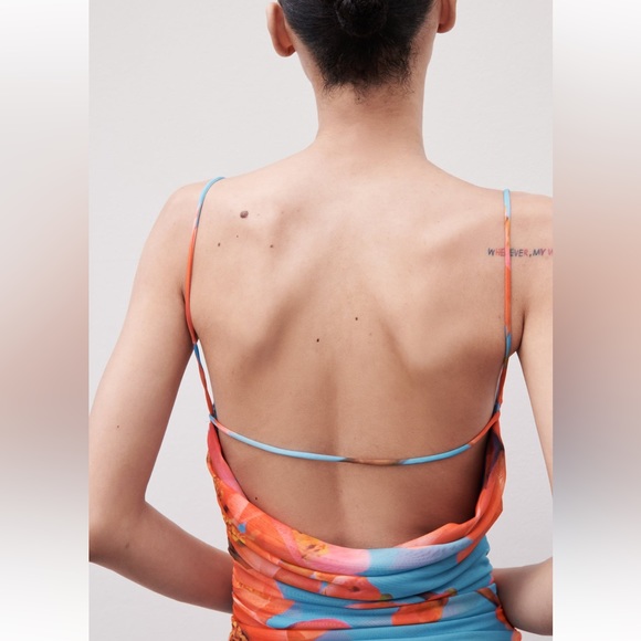 ZARA DRAPED PRINTED TULLE OPEN BACK DRESS SIZE M Blue/Red 5039/203 NWT - Picture 4 of 6